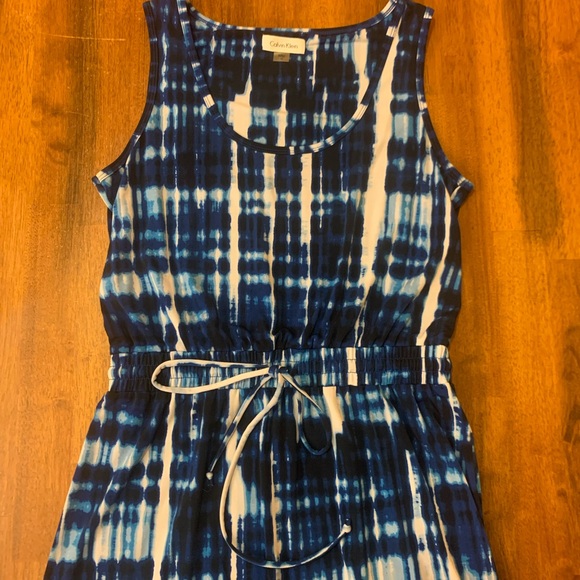 Calvin Klein maxi dress size 10 tie dye blue white elastic waist sleeveless - Picture 3 of 8